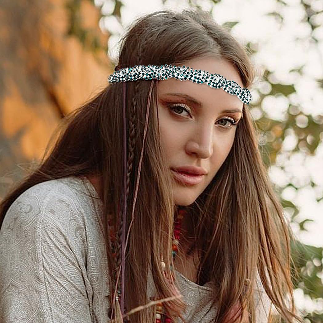 Women's Rhinestone Headbands Sparkly Elestic Hairband Vintage Metal Headbands Sparkly Elegant Party Daily Head Chain (Green, M) - Image 2