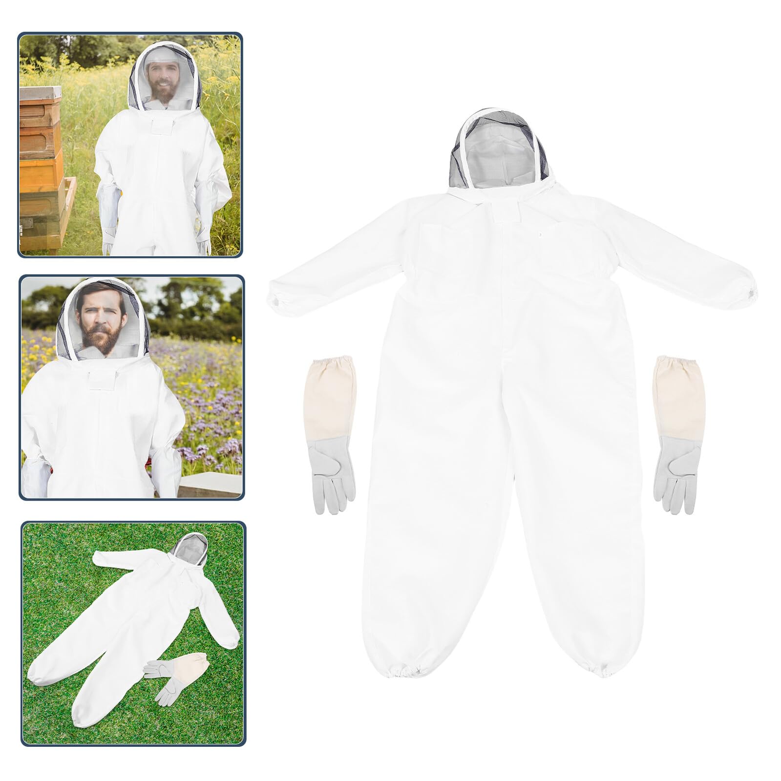 Homoyoyo Traje de Apicultor XL de Algodón Grueso con Capucha y Velo Integrado Mono Completo Transpirable para Protección contra Aguijonazos Incluye Guantes Resistentes para Apicultura