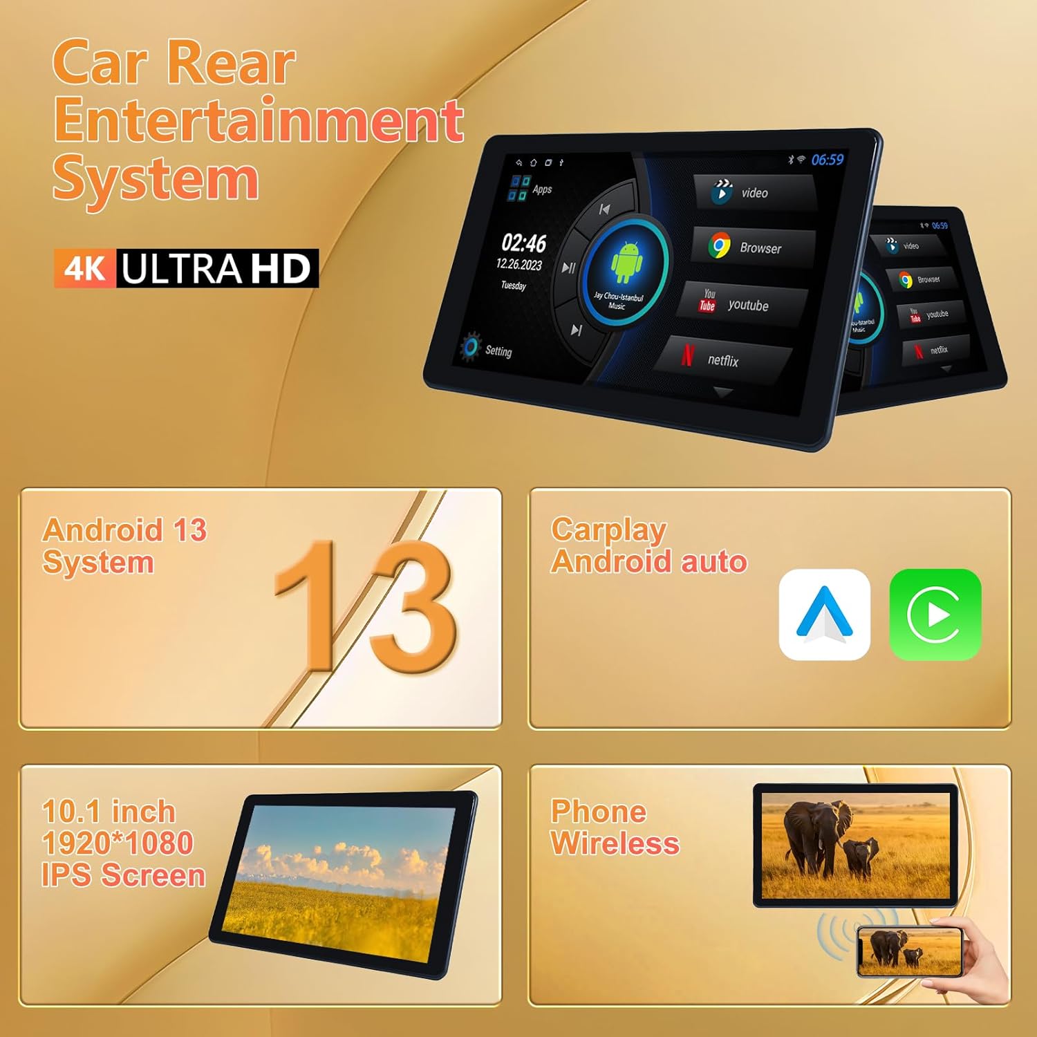 10.1" Car TV Headrest Monitor for Back Seat, 4K Android Tablet Portable Rear Entertainment System, Support Phone Wireless MirrorLink, with WiFi/HDMI/USB/Video Player, 2G+32G (2*PCS)