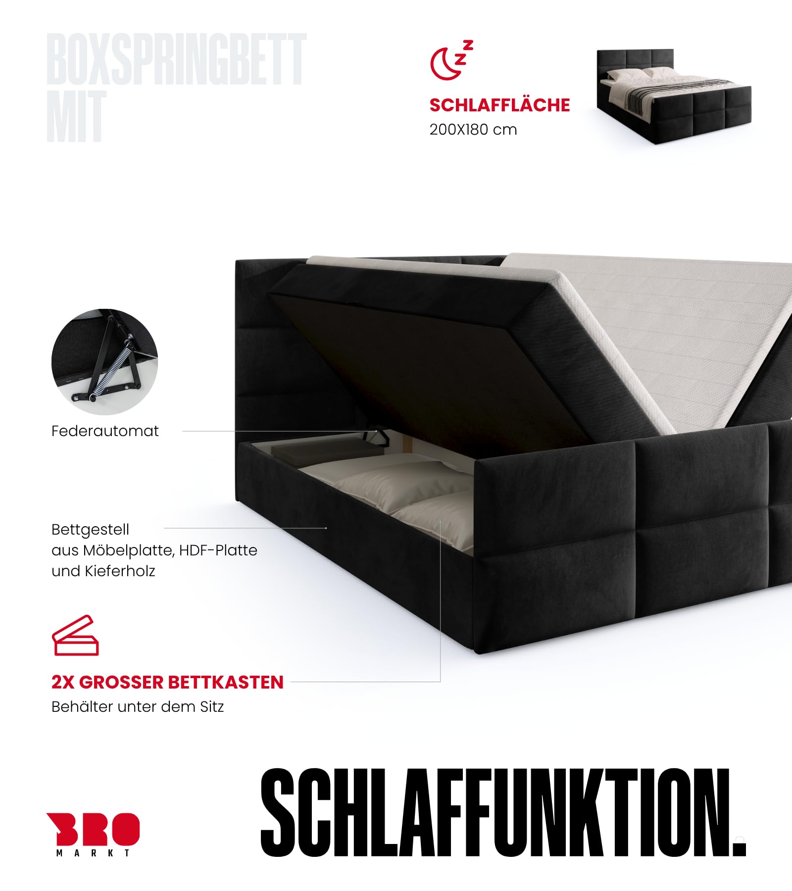 BROMARKT Boxspringbett mit Matratze 180x200 Bett mit Bettkasten Schwarz