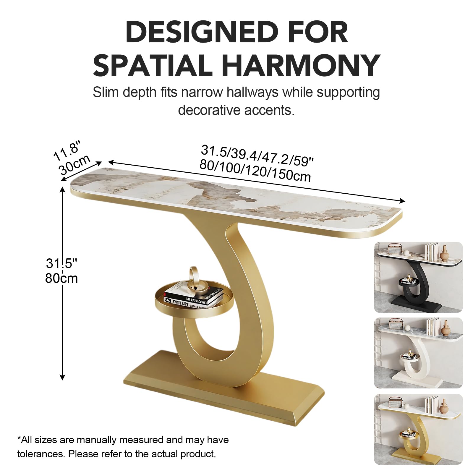 Mesa Consola de Lujo para recibidor, Mesa de Entrada Moderna, Mesa Consola Estrecha de mármol con Base de Metal para Pasillo, Sala de Estar, vestíbulo, 31.5" x 39.4" x 47.2" x 59.1" de Ancho