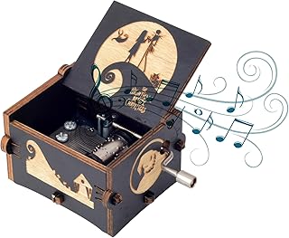 Hand Cranked Music Box Vintage Wooden Craft Laser Engraved Night-mare Musical Box Melody-This is Halloween Mini Home Decorations Gifts for Christmas Halloween Valentines Birthday
