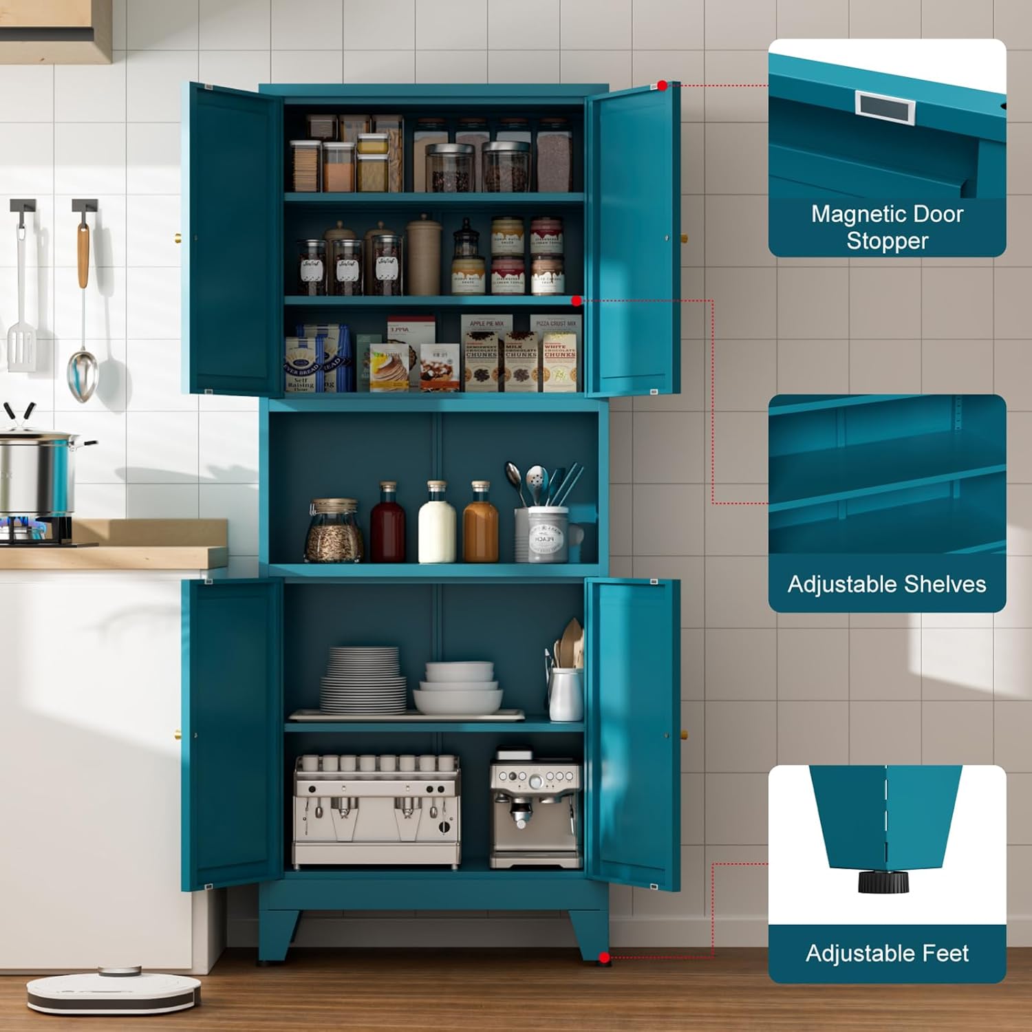 Metal Kitchen Pantry Cabinet, 69" Tall Blue Storage Cabinet with 4 Doors and 3 Adjustable Shelves, Freestanding Cupboards with Microwave Stand for Dining Room, Living Room, Bathroom