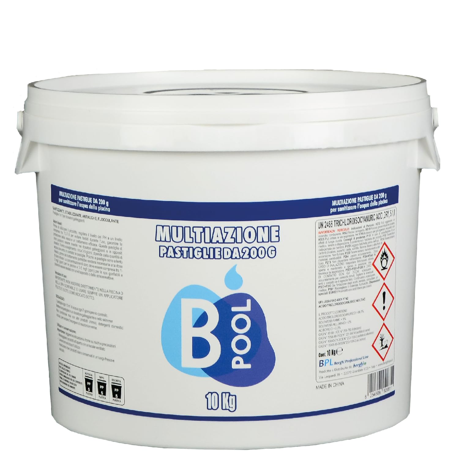 B POOL Multiazione 200 GR. Pastiglie ad azione Sanitizzante, Stabilizzante, Antialghe, Flocculante per il trattamento dell'acqua della tua piscina. Formato da 10 Kg
