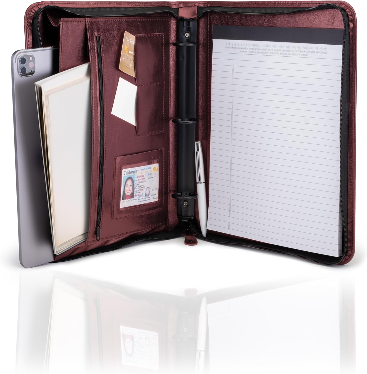 Travigo 3-Ring Portfolio Binder with Zipper | 1.25" Faux Leather Padfolio Binder for Women & Men | Professional Business Portfolio Folder with Writing Pad, Gusseted File Pocket, ID Window (Burgundy)