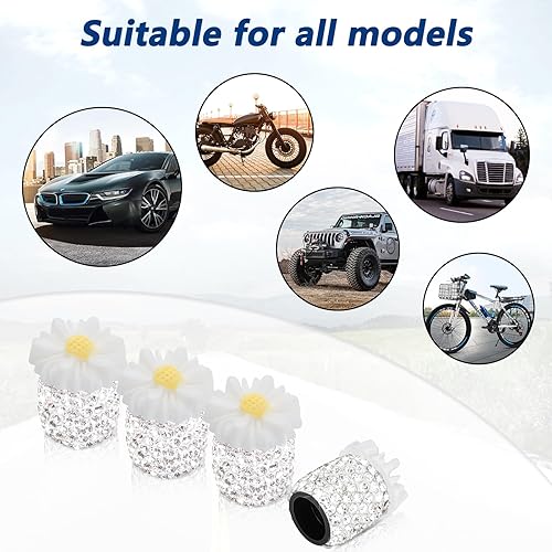 Miniatura 6 de Paquete de 4 tapas de vástago de válvula de cristal con diamantes de imitación a prueba de polvo, universales para automóviles, camiones y