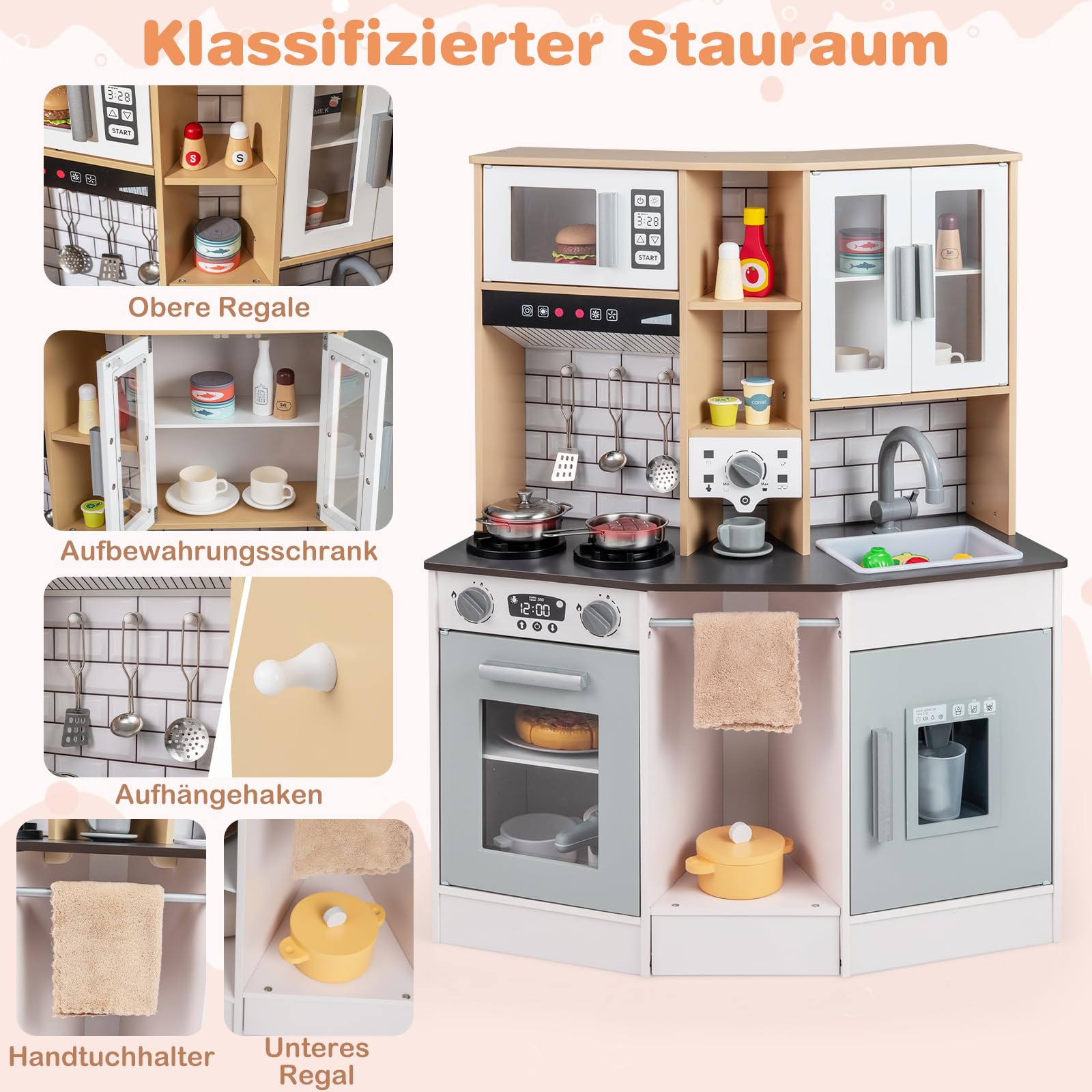 COSTWAY Kinderküche mit 10 TLG. Zubehör, Holz Spielküche mit Licht und Sound, Holzküche inkl. Herd, Spüle, Eismaschine, Kaffeemaschine, Mikrowelle & Ofen, Spielzeugküche für Kinder ab 3 Jahren (Grau)