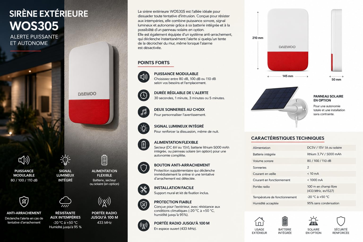 Daewoo Security Sirène Extérieure WOS305 – 110 DB Modulable, Batterie Li 5000 mAh, Compatible Solaire, Anti-Arrachement, Compatible Touch / Touch XL / Vigilia AM30x, Signal Lumineux, -20°C à +50°C