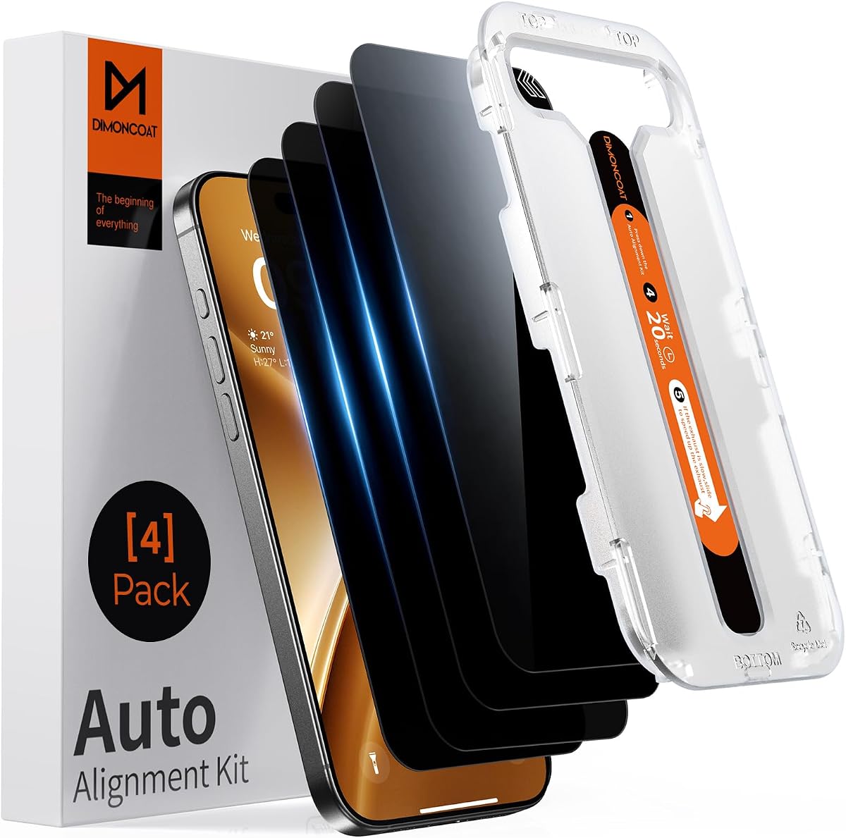 DIMONCOAT Paquete de 4 protectores de pantalla de privacidad para iPhone 16 Pro Max de 6,9 ​​pulgadas | probado contra caídas de 13 pies, kit de alineación automática, vidrio templado de grado militar 10X, protección de bordes más fuerte, compatible con fundas, sin burbujas