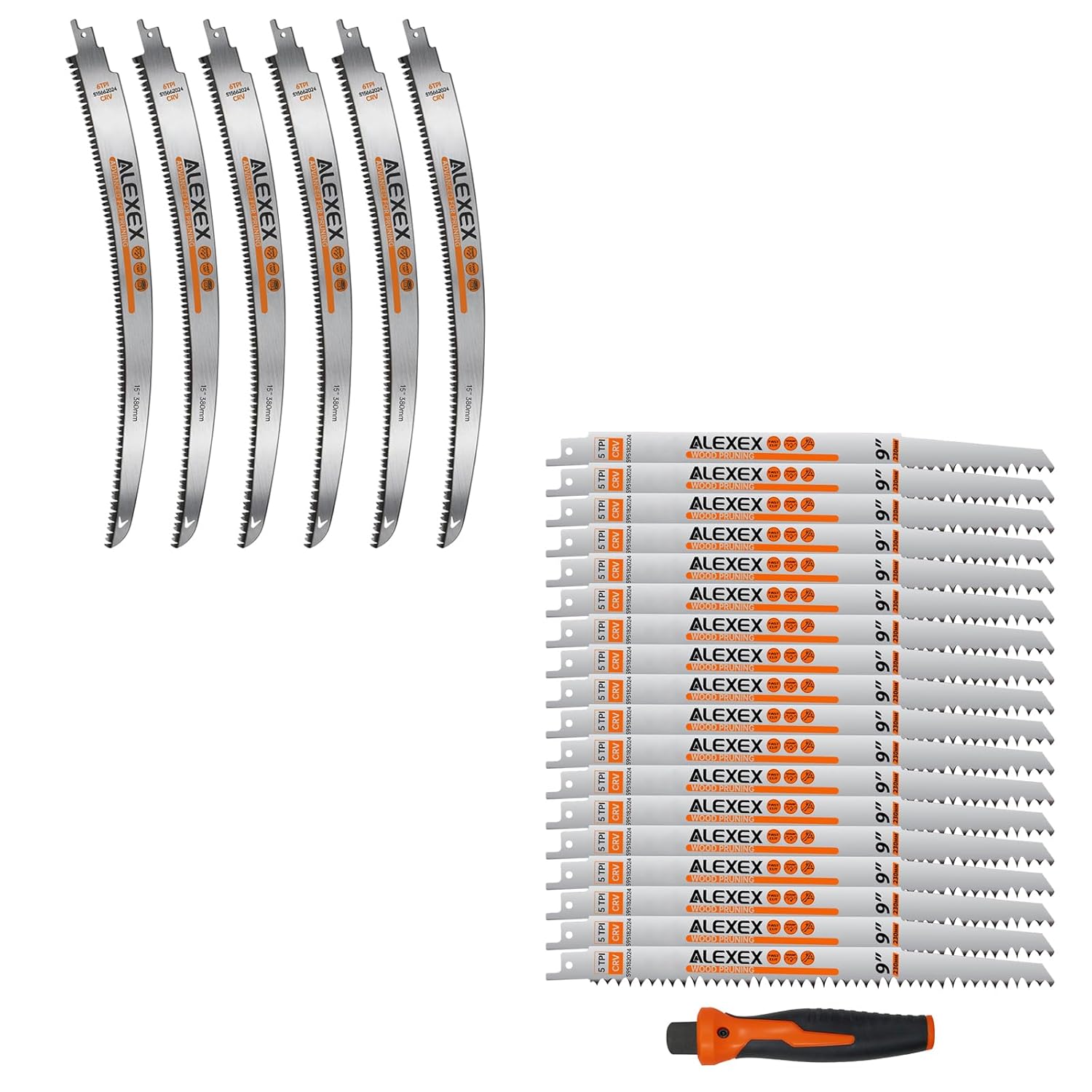6Pcs 15" Japanese Teeth Reciprocating Saw Blades + 18 Pack 9 Inch 5 Tpi Wood Pruning Reciprocating Saw Blades for Tree Trimming and Wet Wood Cutting with 1 x Handle