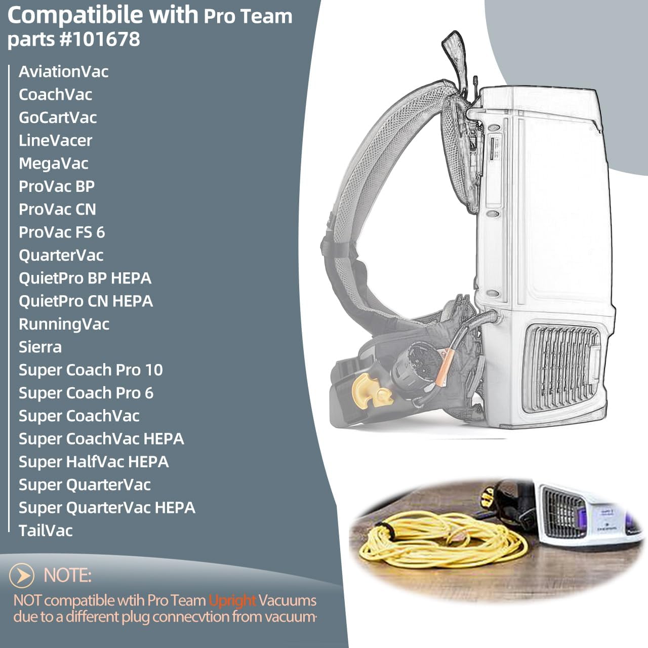 50ft 101678 Extension Cord Compatible with Pro Team Backpack Vacuum - Vacuum Cleaner Parts Replacement Heavy-Duty 16 Gauge Extension Power Cord Compatible with Pro Team Vacuum - Yellow