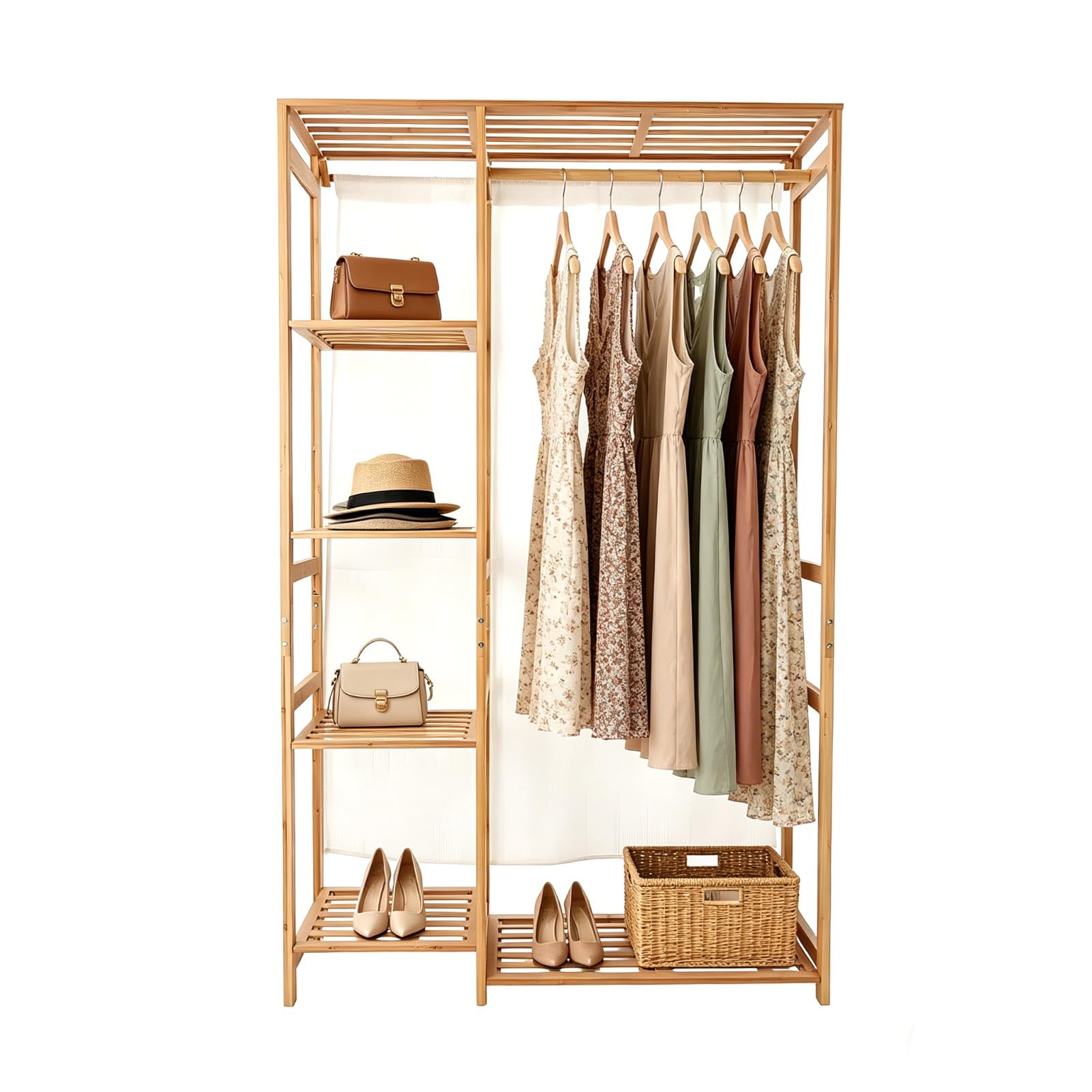 BREEZENEST Bamboo Clothes Rail Garment Rack Open Wardrobe Closet with 4-Tier Storage Shelves Heavy Duty Coat Stand for Hanging Clothes Standing Clothing Rack for Bedroom Living Room Laundry