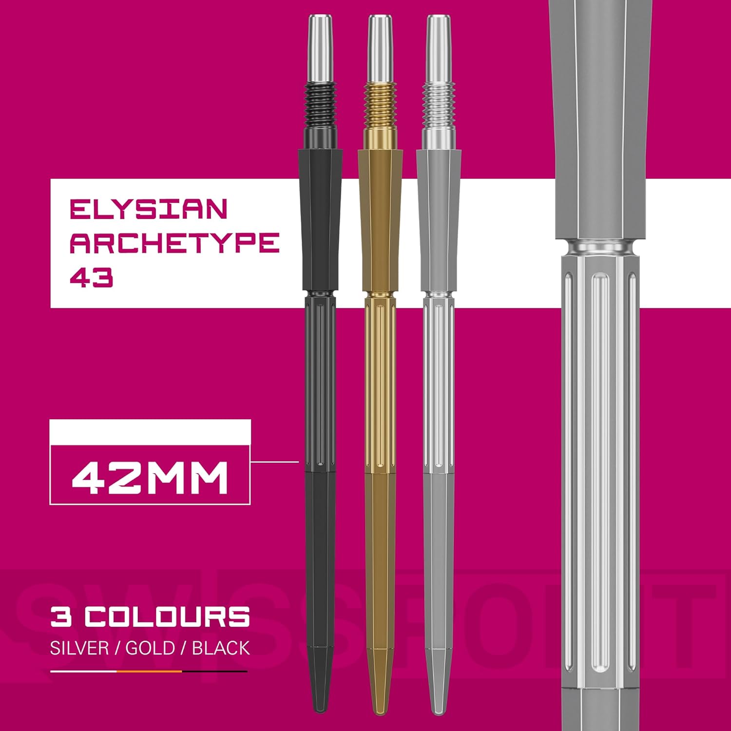 Target Darts Elysian Archetype 43 Swiss Point | 3 Pack Set of Tips | 30MM/35MM/42MM – Gold/Silver/Black | Change Dart Points, Swiss Storm Points, Professional Darts Accessories
