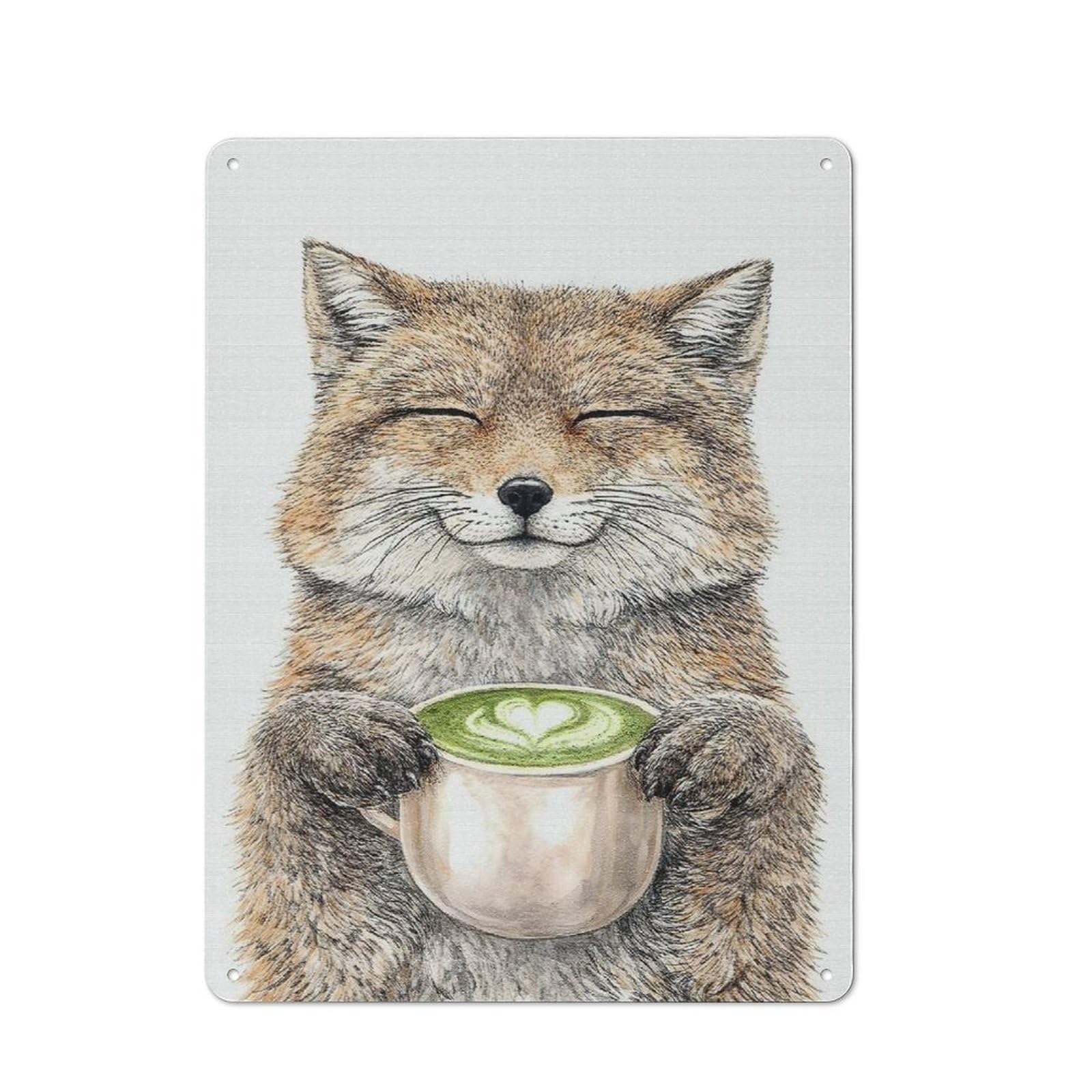 Junmoney Style-15 Workshop Style Fox Holding Matcha Latte Tin Sign 40X30cm, Garage Wall Decor For Tool Room, Garage, Studio Or Home Bar