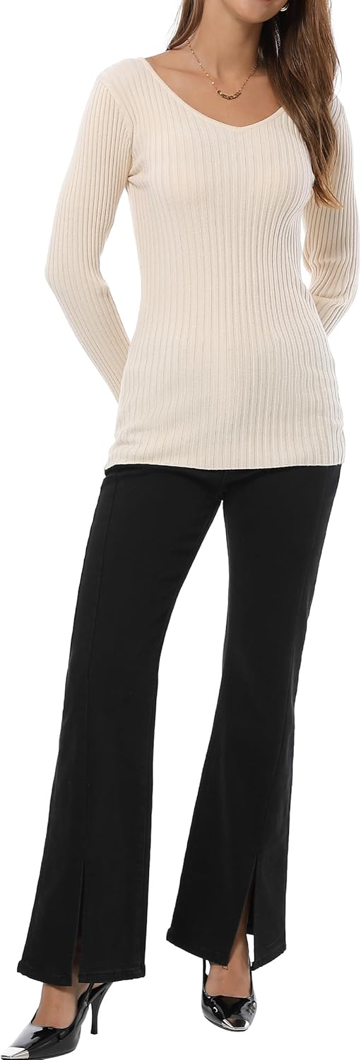 QUALFORT Women's V-Neck Ribbed Sweater Long Sleeve Slim Fitted Pullover Tops Business Casual Fall Outfits 2026 - Image 4