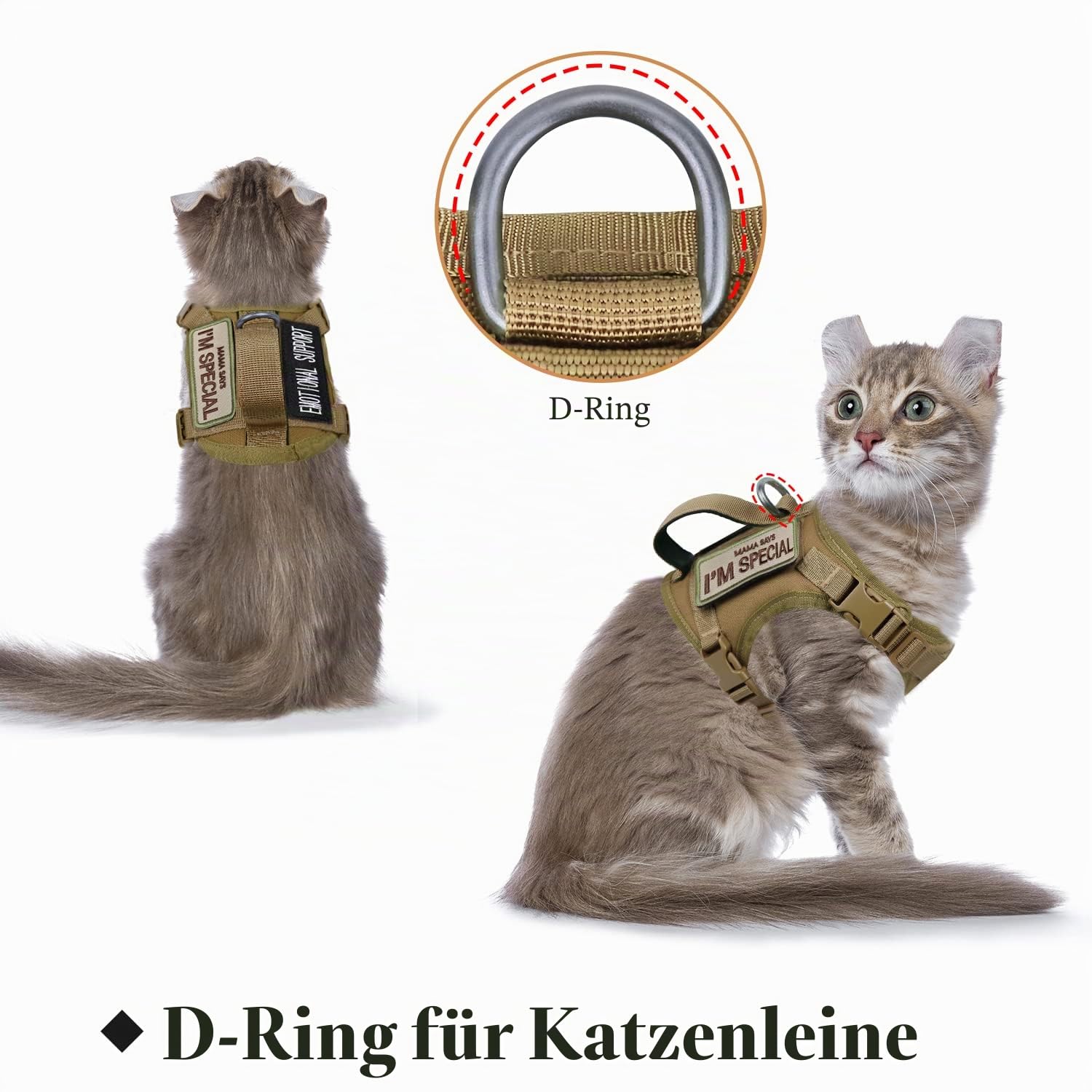 Taktisches Katzengeschirr für Spaziergänge, ausbruchsicher, weiches Netzgewebe, verstellbar, Haustierweste, Geschirr für große Katzen und kleine Hunde (M, Khaki)