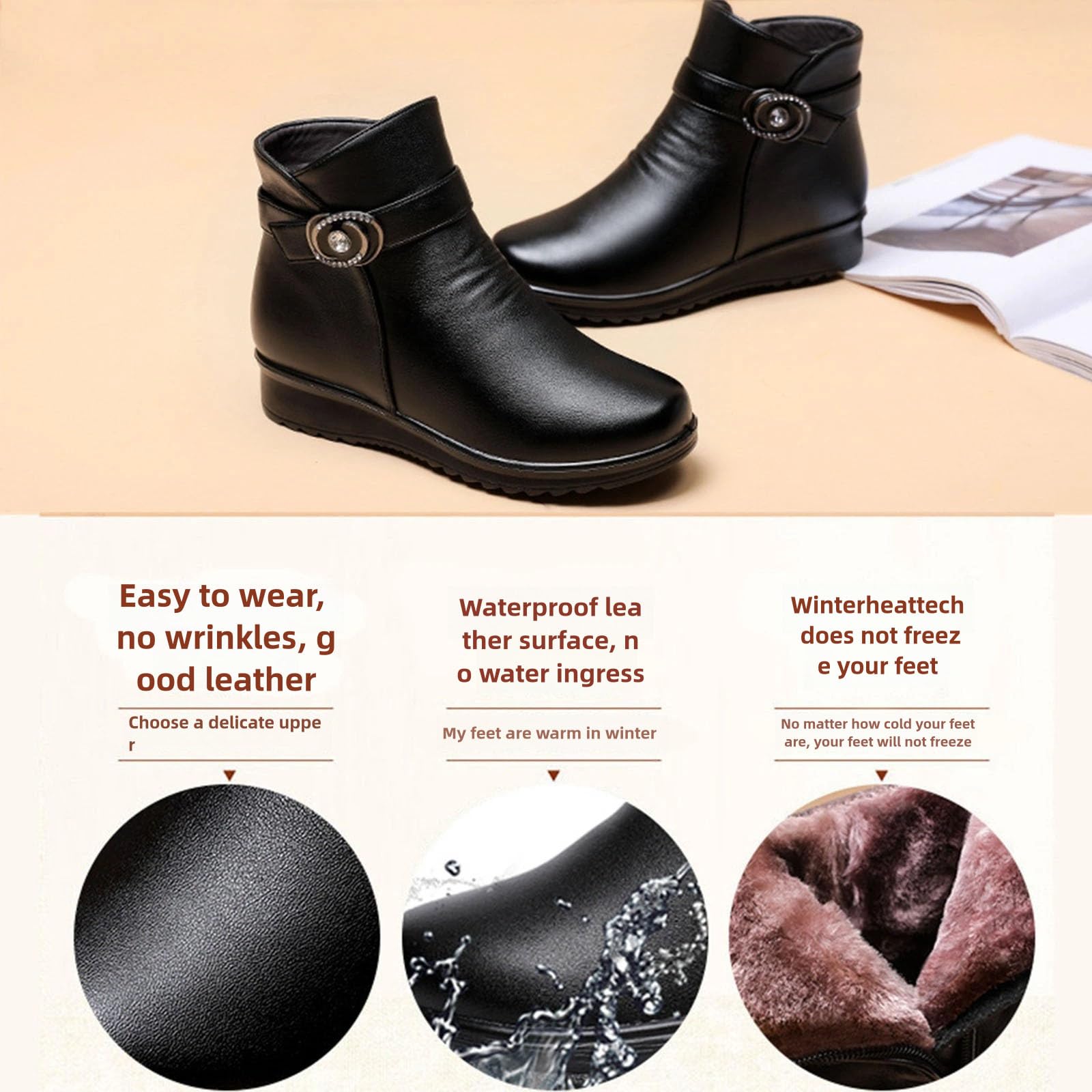 Orthopädische Stiefel für Damen, Metallschnalle, echtes Leder, Wolle, Winter, warm, rutschfest, Plüschfutter, seitlicher Reißverschluss, Stiefeletten