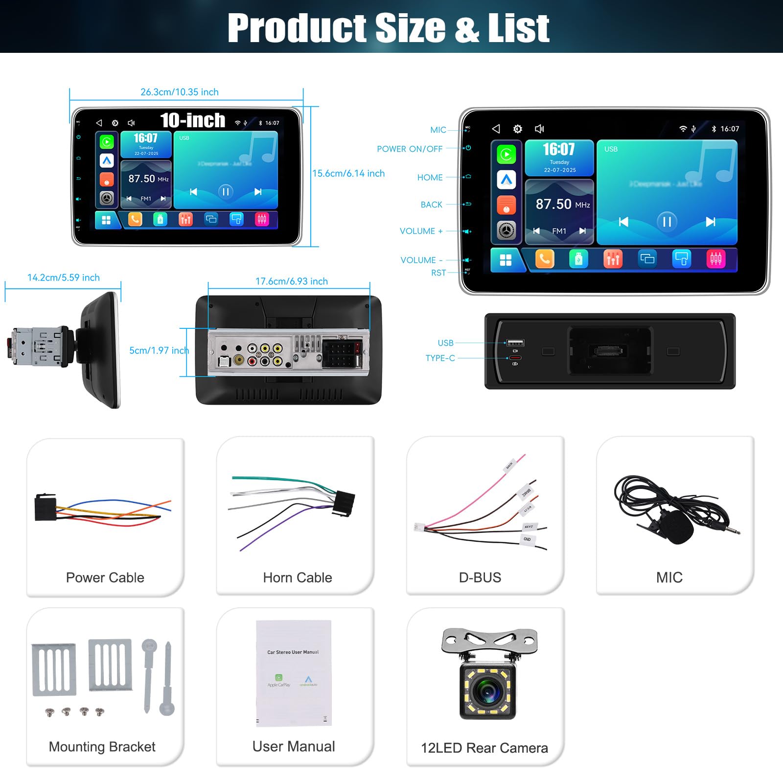 CAMECHO [CARPALY] 1 DIN YouTube Autoradio da 10'' con Schermo Rimovibile e Regolabile, WIRELESS Car Play MP5 per auto con Android Auto Bluetooth FM/RDS EQ Mirror Link +Telecamera