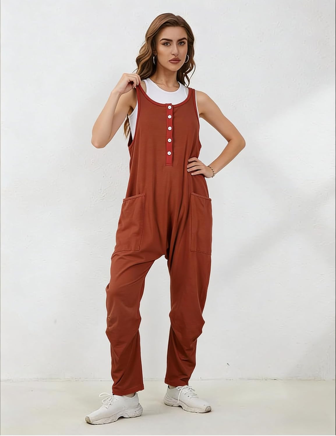 AMEBELLE Women's Casual Harem Overalls Sleeveless Jumpsuit Romper with Pockets Adjustable Straps Loose Fit Summer