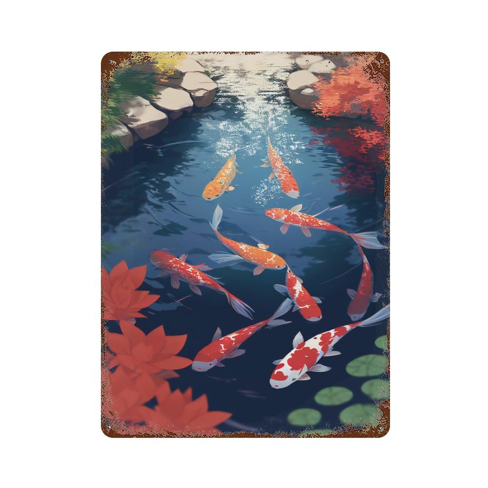 Garage Style Pond Koi Fish Aesthetic Rustic Tin Plaque 15.7"x11.8", Industrial Home Decor for Bar And Workshop