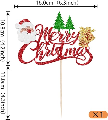 Vista 72 de Rsstarxi 1 paquete de decoración de pastel de Navidad con purpurina verde y rojo hojas de acebo y bayas, sombrero de Papá Noel, barba, decoración