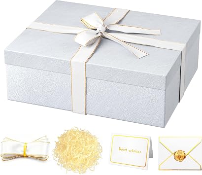 JOYIT White Gift Box 16.5x13x5.5 - Large Gift Boxes with Lid for Presents Packaging, Birthday, Christmas, Wedding, Anniversary, Big Gift Box with Ribbon, Shred Filler, Card, Wax Seal White