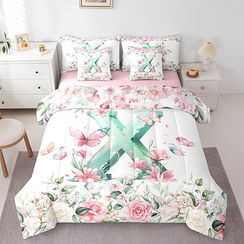 Erosebridal Green Watercolor Letter X Bedding Set for Girls 
