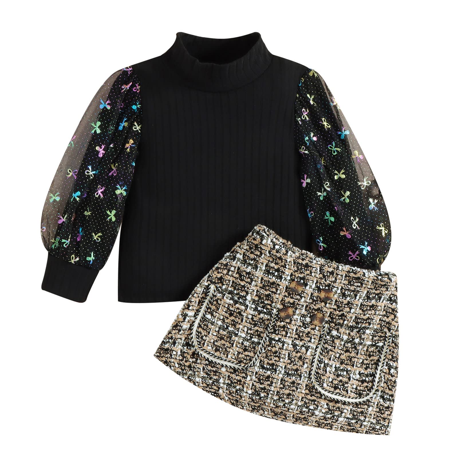 Toddler Girls Long Sleeve Ribbed T Shirt Tops Plaid Skirt Outfits New Born Baby Boy Suit Gift Set (Black, 12-18 Months)