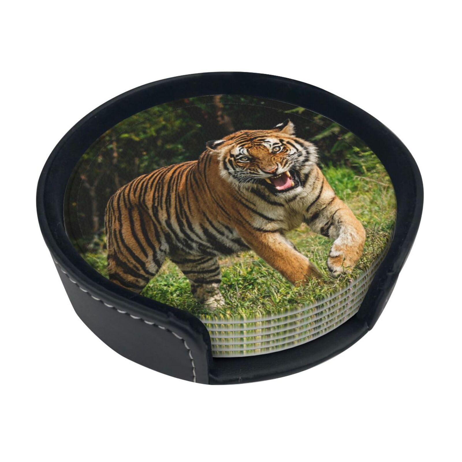 Tiger Turn Roar Leather Coasters-Set of 6 with Storage Holder