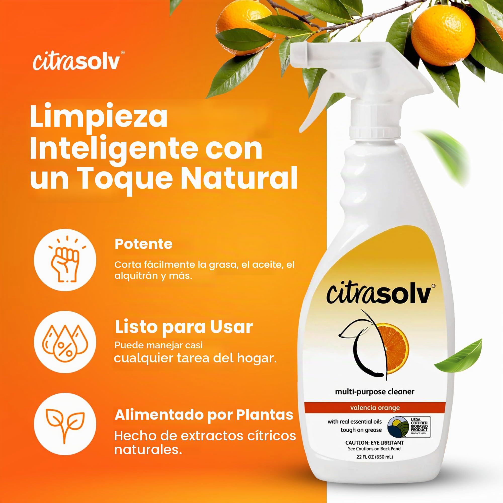 Citra Solv Spray de limpieza multiusos, potente desengrasante cítrico para cocina y baño, limpiador multisuperficie, sin productos químicos agresivos, naranja Valencia, 22 onzas