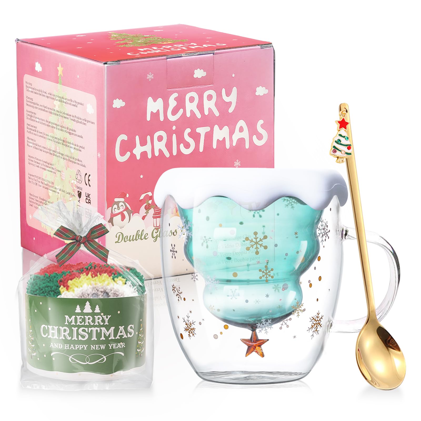 Kerstbeker, kerstkoffiebeker, 350ML dubbelwandige glazen kerstbeker koffie theeglazen, schattige koffiekopjes met lepel, geschikt voor de magnetron vaatwasserbestendig, kerstcadeaus