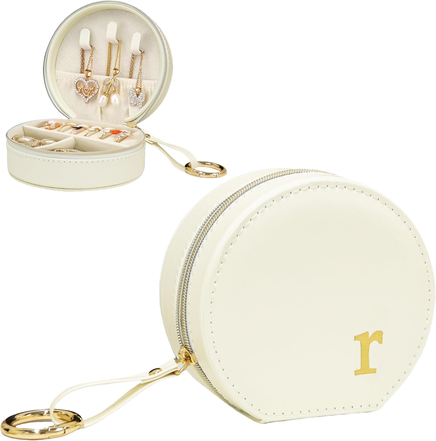 COLLECTIVE HOME Monogram Jewelry Box for Travel - 4.5 Inch Spacious Organizer with Zipper Closure, Gold Chain & Letter Engraving, Personalized Gift Case for Women/Bridesmaids (r)