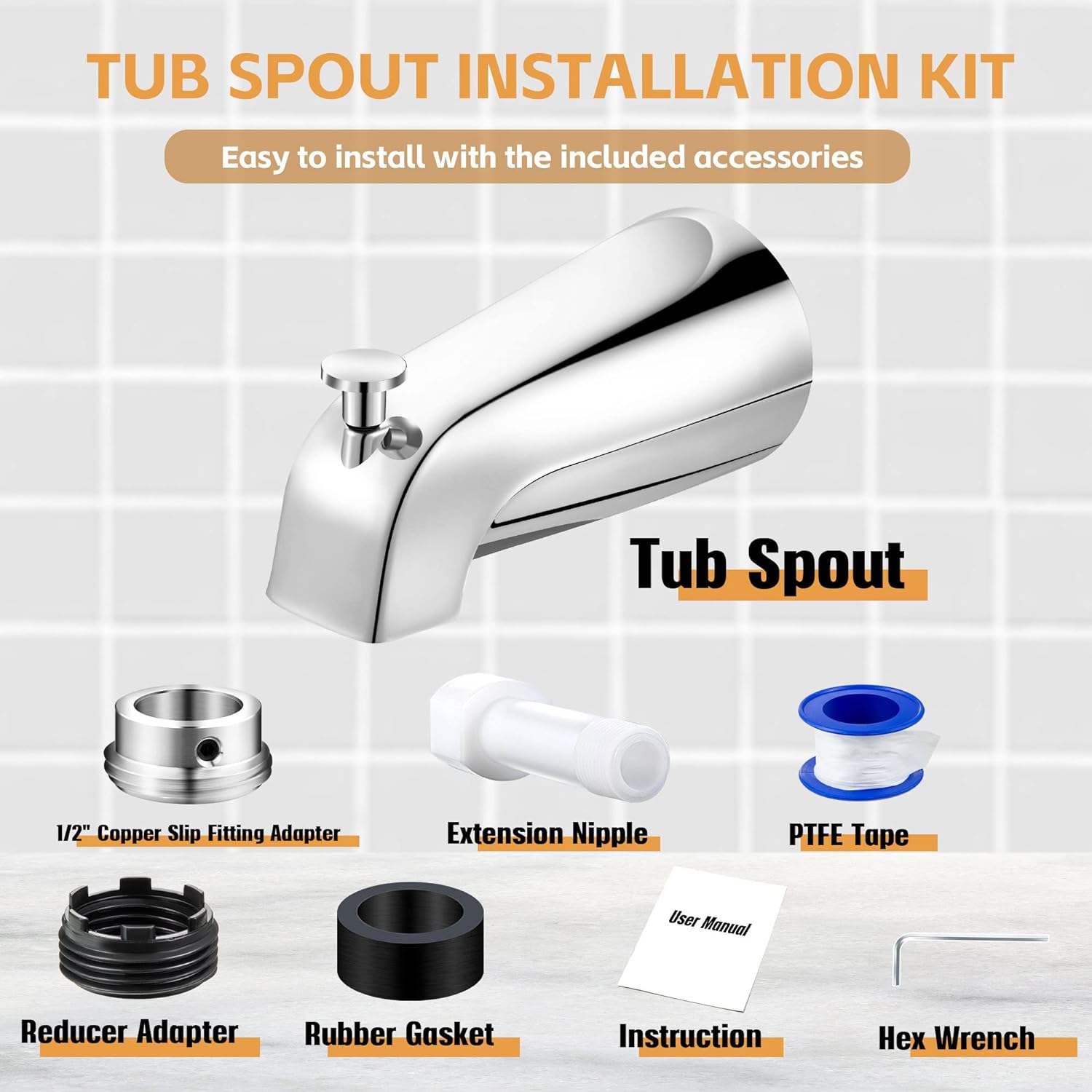 Dreyoo Tub Spout (Universal Fits 1/2" Copper Pipe, 1/2" IPS and 3/4" IPS), Bathroom Bathtub Faucet with Adapters and Hex Wrench (Chrome,Simple)