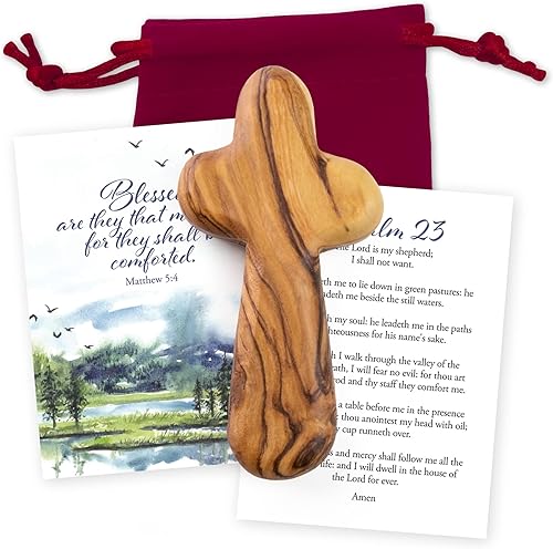 Cruz de madera de olivo de BelĂ©n con bolsa de terciopelo y tarjeta de versĂculo bĂblico - Mateo 54 - Cruz de mano de madera para oraciĂłn - Cruz de Cruz de madera de olivo de BelĂ©n con bolsa de terciopelo y tarjeta de versĂculo bĂblico - Mateo 54 - Cruz de mano de madera para oraciĂłn - Cruz de