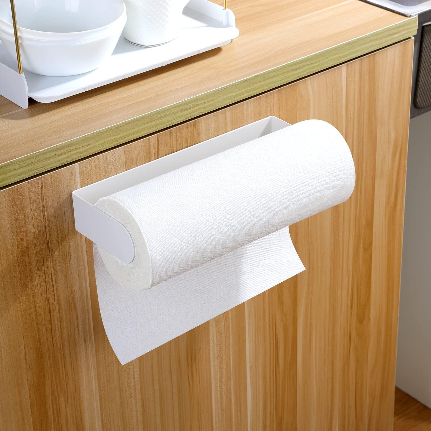 YIGII Adhesive Paper Towel Holder Under Cabinet - Stainless Steel Paper Towel Rack Stick on Wall Mount for Kitchen, White - Image 4