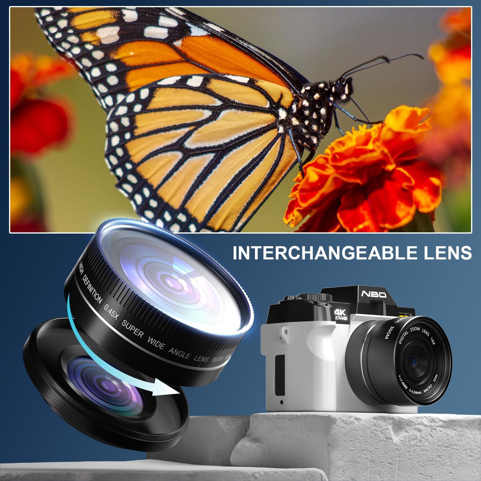 NBD 4K Digital Cameras for Photography - 48MP/60FPS Video Camera for Vlogging, WiFi & App Control, YouTube Vlogging Camera with 32GB TF Card. Wide-Angle & Macro Lens Included (White)