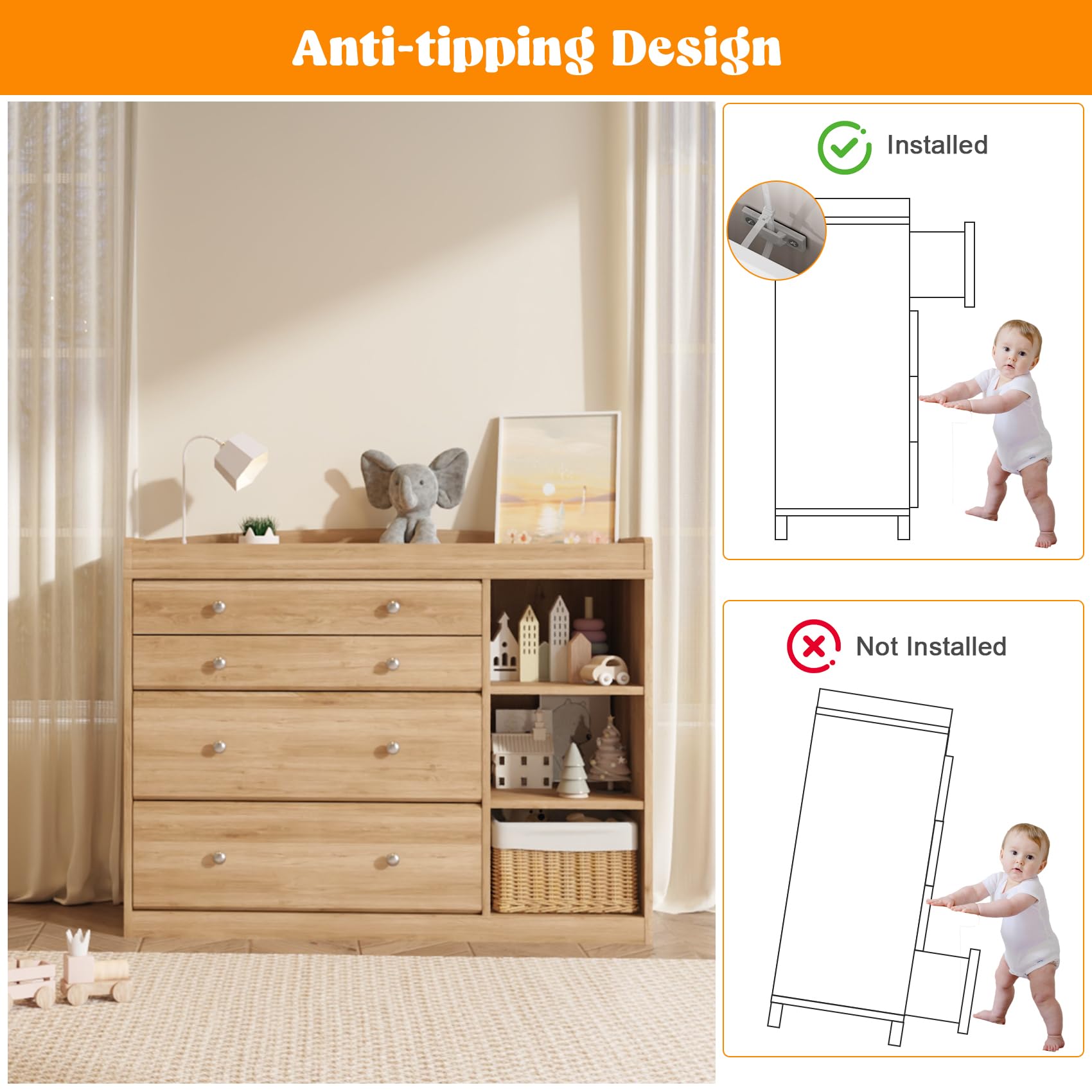 Changing Table Dresser for Nursery, 47.2”L Baby Dresser with 4 Drawers & Adjustable Open Shelves, 2-in-1 Diaper Changing Station with Removable Topper & Drawer Organizer, Natural Wood — view 4
