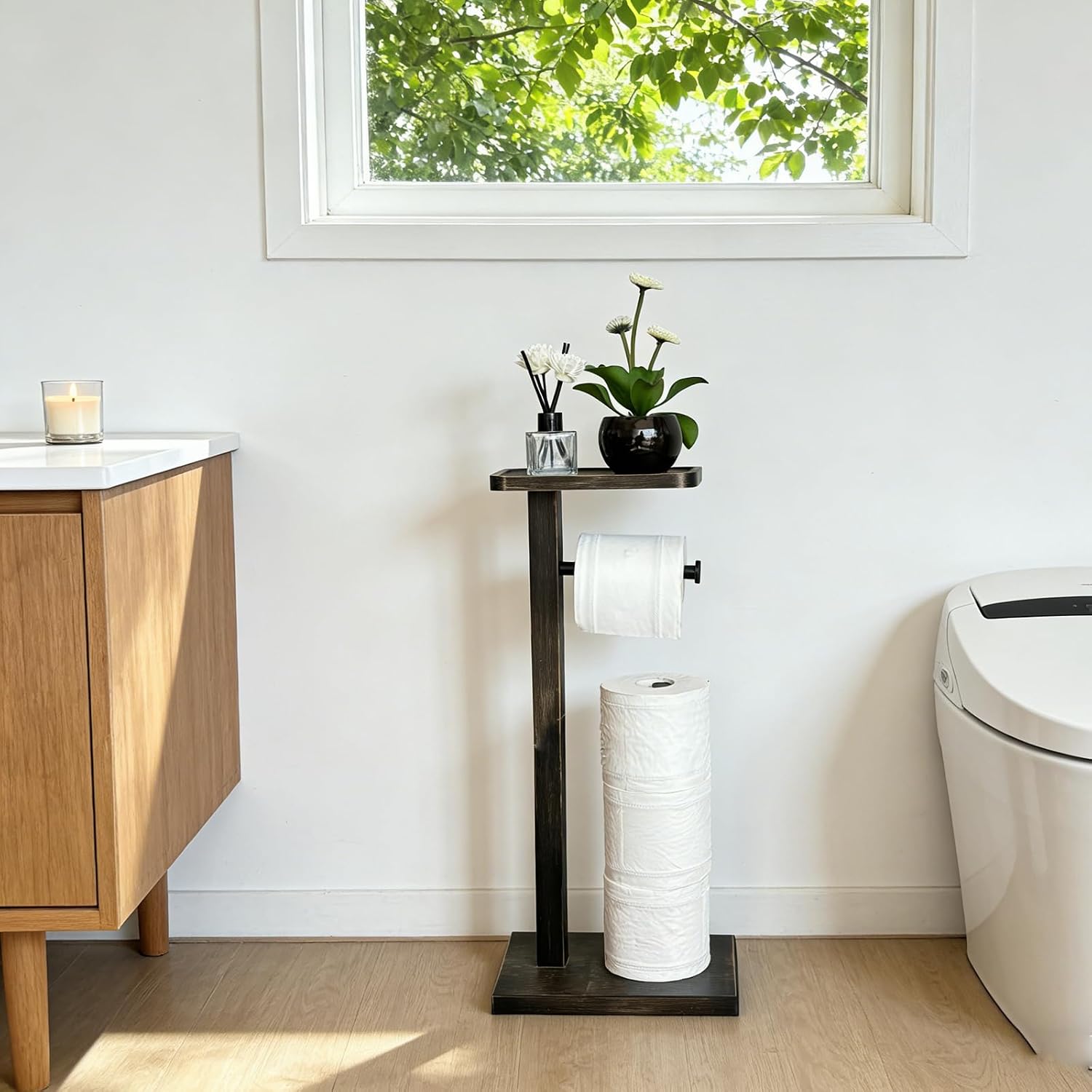 Bamboo Freestanding Bathroom Toilet Paper Holder Stand with Phone Shelf and Storage, Holds 3 Extra Mega Rolls(Balck) image 5