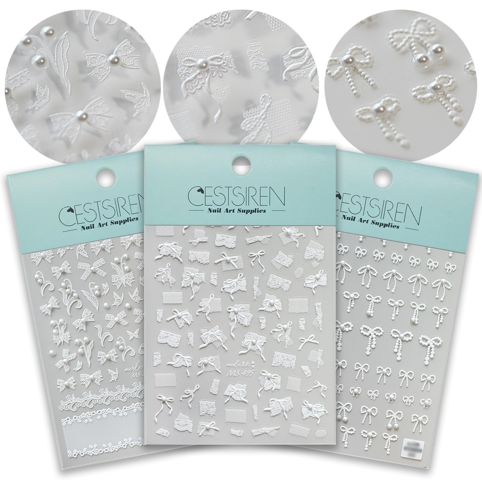 CESTSIREN White Bow Ribbon Nail Art Stickers Pearl Lace Rhinestones Embossed Nail Decals for Nail Art Design Self-Adhesive Nail Accessories for Women