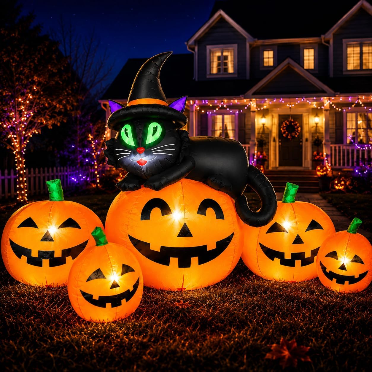 5FT 6 LED Halloween Inflatable Pumpkins Witch Black Cat Outdoor Yard Decor | Enhanced nighttime glow, weather-resistant fabric, easy setup, lighted blow up,outdoor yard lawn porch patio, compact storage