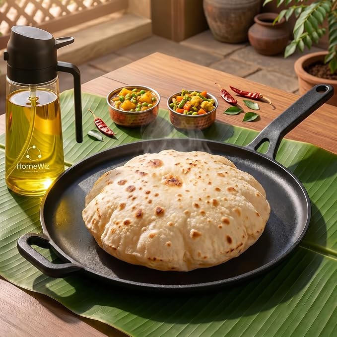 HomeWiz Cast Iron Roti Tawa 28 cm | Free Oil Dispenser 500ml | Pre-Seasoned Iron Tawa with Long Handle for Roti, Chapati, Chillas & Paratha | Naturally Non-Stick | Induction & Gas Compatible