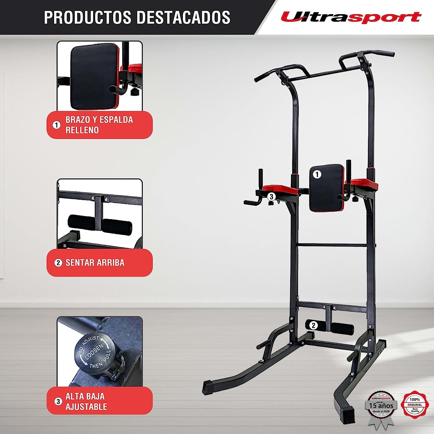 Ultrasport Power Tower, estación de flexiones, estación de inmersión, torre de fitness, altura ajustable, gimnasio en casa, torre de fuerza, ajustable hasta 150 kg de peso del usuario