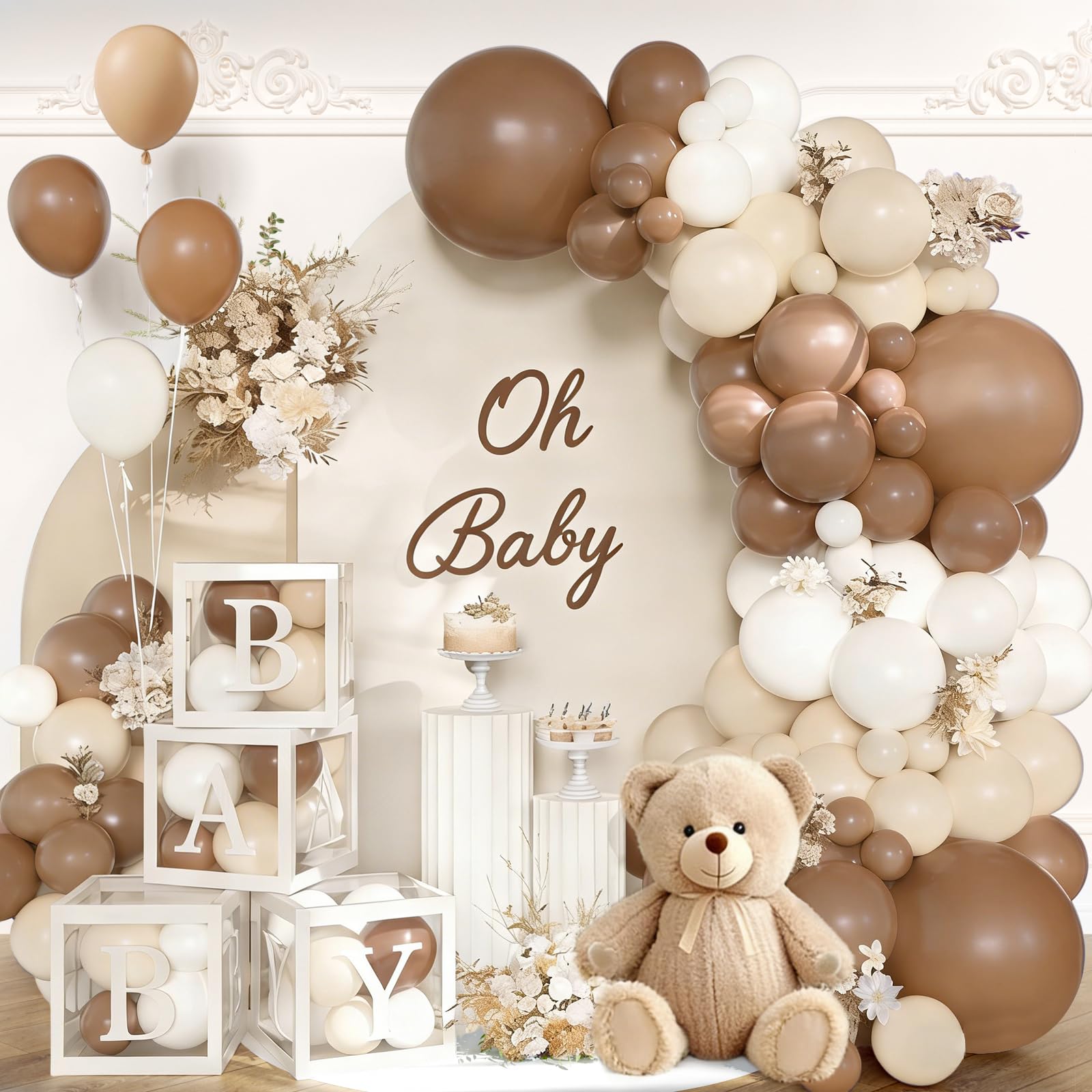 Photo 1 of 140Pcs Coffee Brown Baby Shower Decorations - Neutral Balloon Arch Garland Kit with 4 Baby Boxes - Mocha Beige Sand Nude Balloons for Teddy Bear Theme, A Baby Is Brewing, Gender Reveal Party