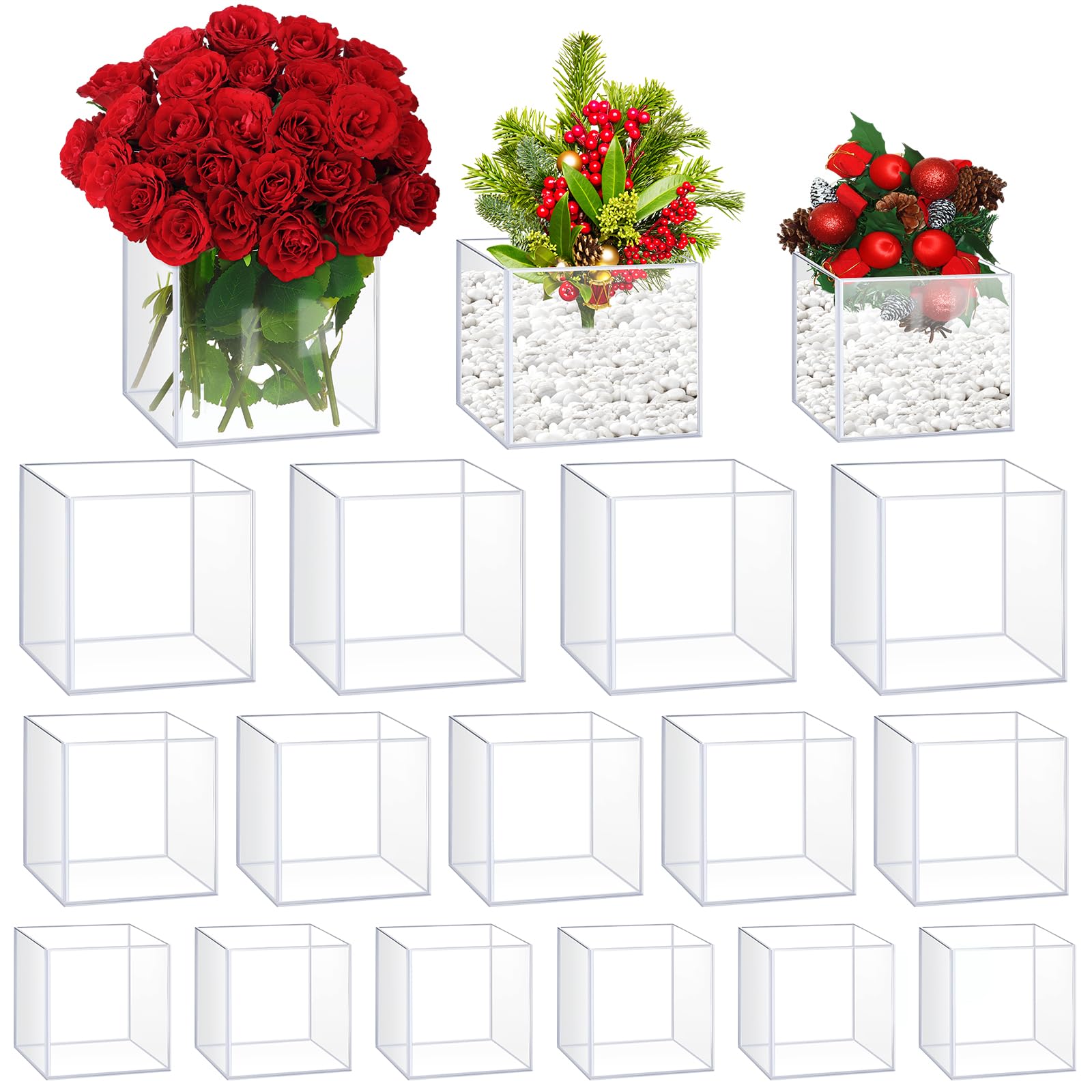 Photo 1 of 3 Sizes Cube Clear Flower Vase 3'', 4'', 5'' Acrylic Square Vases for Centerpieces Acrylic Vase Decorative Centerpiece for Plant Candle Wedding Home Events Party Decor(24 Pcs)