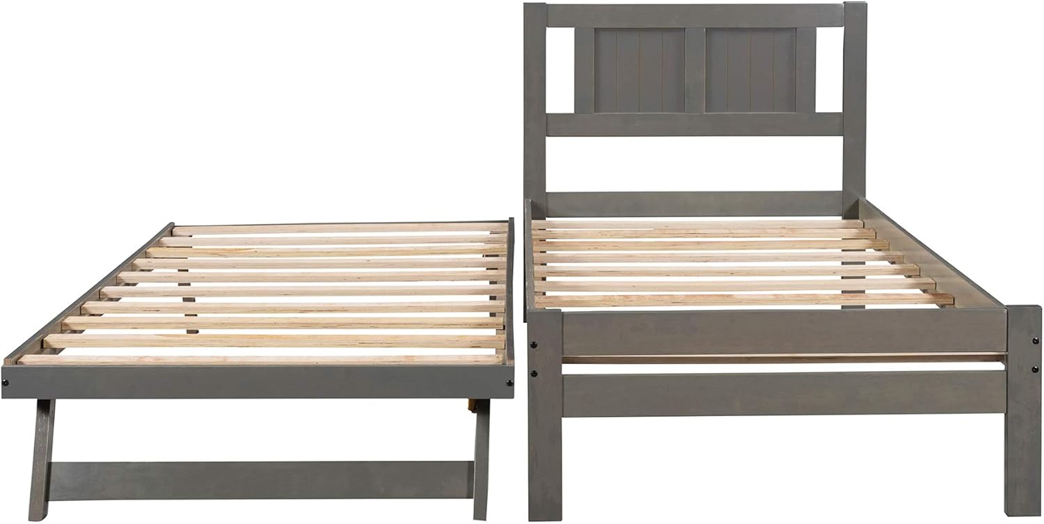 Harper & Bright Designs Twin Bed Frame with Adjustable Trundle,Twin Platform Bed Frame with Headboard, Easily Convertible to 2 Beds for Bedroom,Living Room,Wood Bed Frame for Kids,Gray