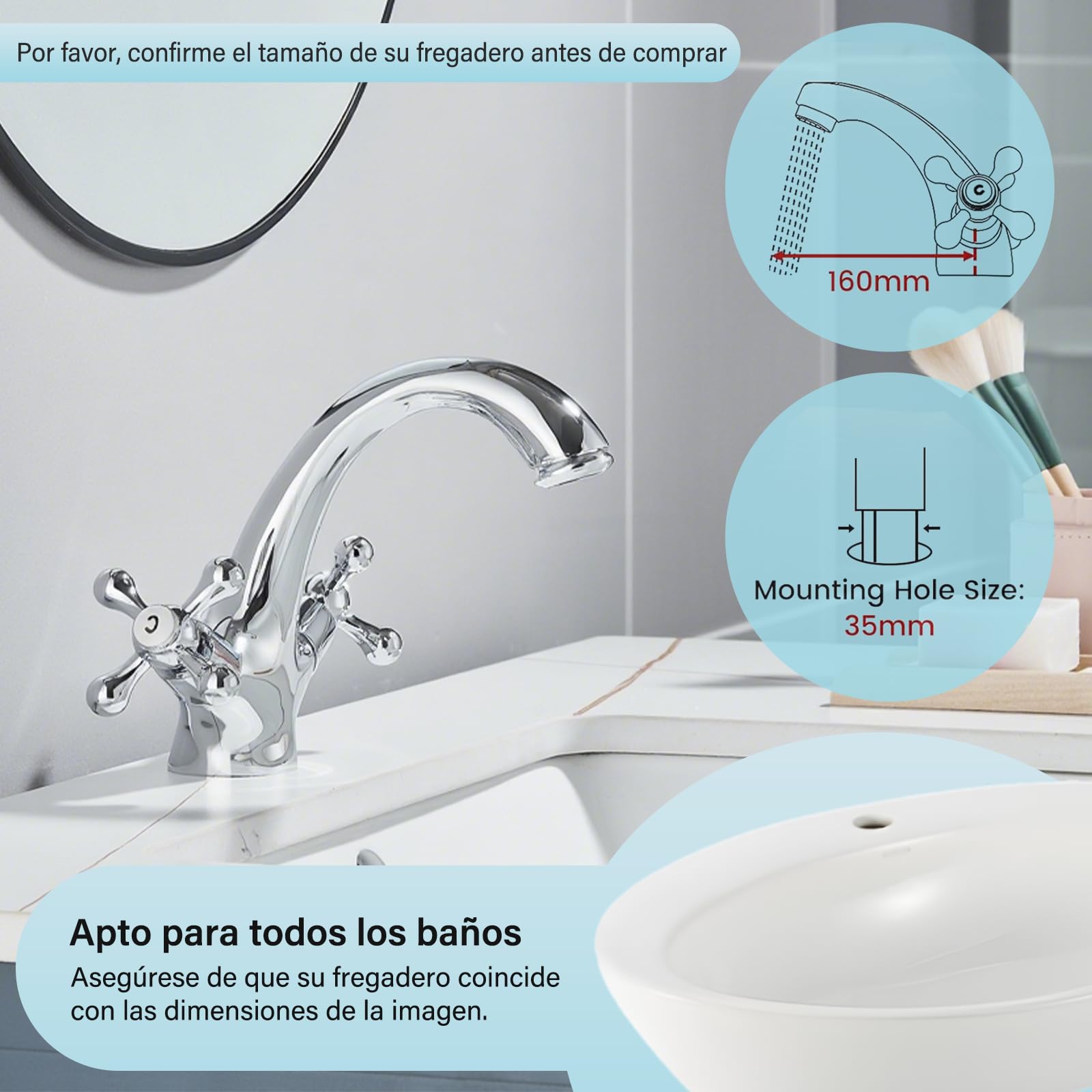 Grifo Mezclador con dos Mandos en Cruz para Lavabo Estilo Victoriano Tradicional Grifo de Lavabo vintage Cromado