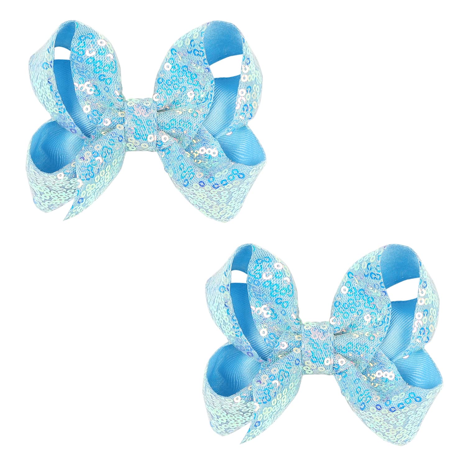 Cute 3.8" Sky Blue Sparkly Glitter Sequin Hair Bows - Pack of 2 for Little Girls