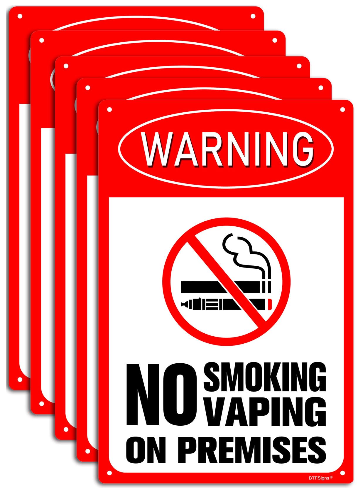 (5 pack) No Smoking No Vaping On Premises Sign, 8"x12" Aluminum Warning Signs Conspicuous Red 4 Pre-drilled Holes