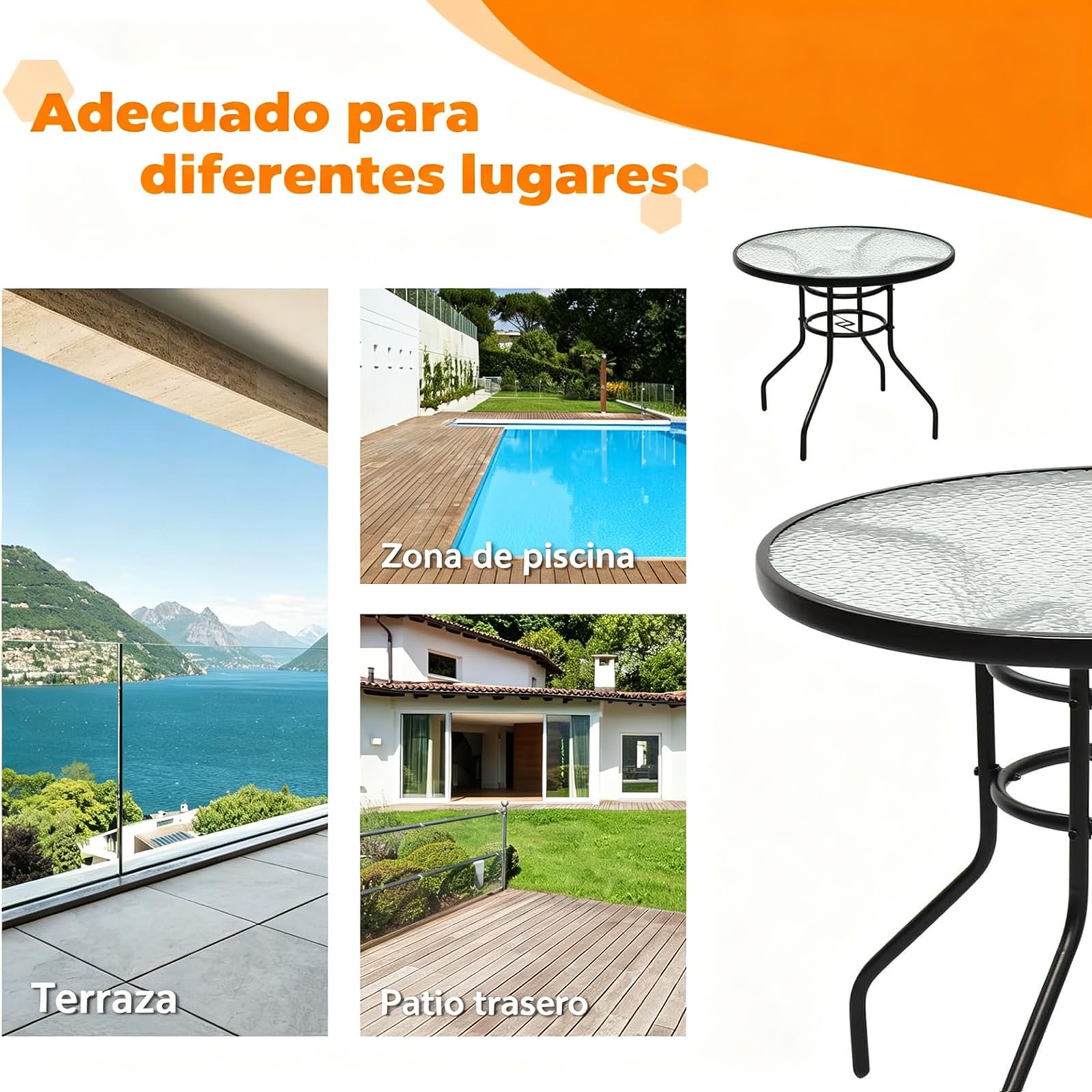 GYMAX 80 cm de Diámetro, Resistente a la Intemperie con Agujero para Sombrilla, Mesa de Jardín con Tablero de Cristal y Estructura de Metal, Mesa Redonda para Balcón, Terraza, Jardín