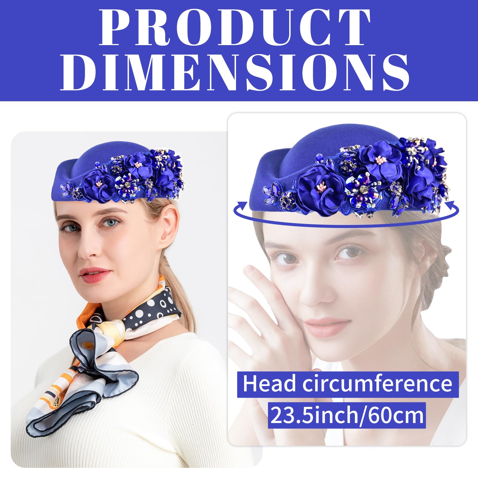 Shalitong European and American Retro British Felt Headscarf hat Women's Church Derby Headdress with Floral Women's Soft Beret (UK - Image 3